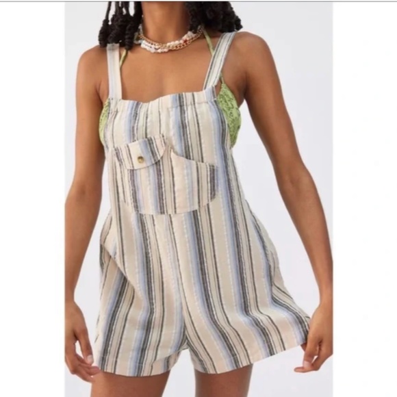 UO Chelsea Linen Shortall Overalls Striped White Blue Black Pockets Button Medi - Picture 2 of 4
